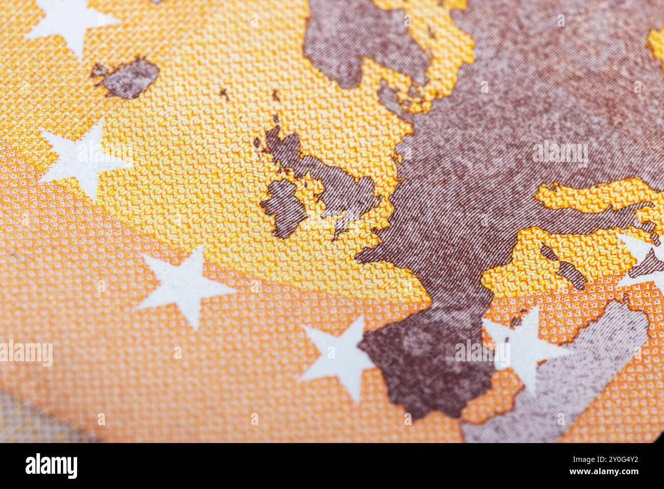 Fünfzig Euro orange Farbe fotografiert Nahaufnahme, Details der echten 50 Euro-Banknote der Europäischen Union Stockfoto