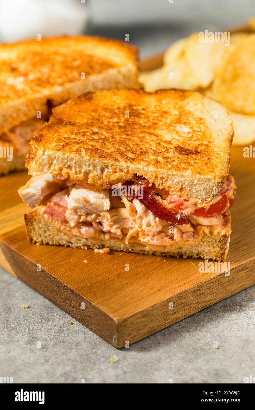 Scharfes hausgemachtes Chipotle Chicken Sandwich Panini mit Speck und Tomaten Stockfoto