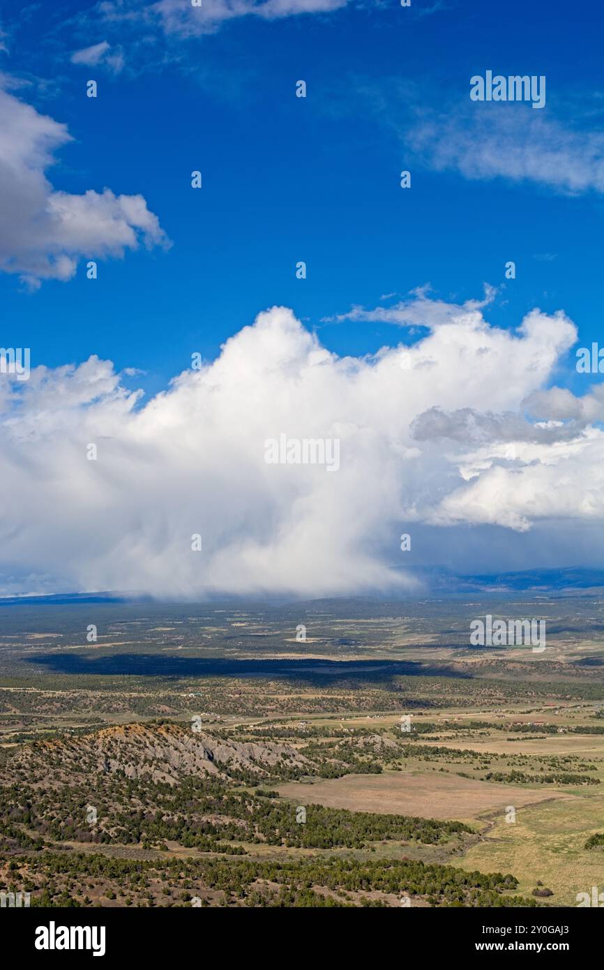Überblick über die weitläufigen grünen Ebenen des Montezuma Valley mit vorbeiziehendem Frühlingsduschen vom mesa Top im Mesa Verde Nationalpark Stockfoto
