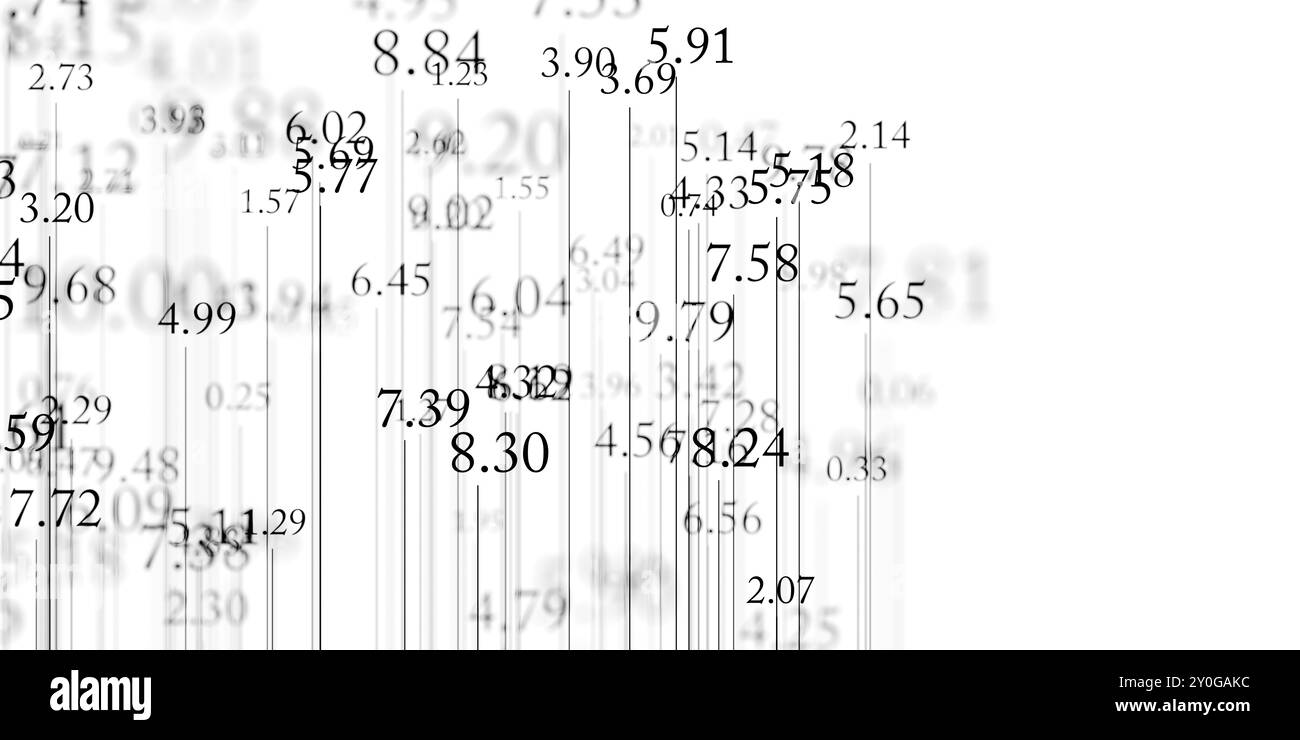 Schwarze Zufallszahlen mit Linien auf weißem Hintergrund mit selektivem Fokus verblassen mit Kopierraum, mathematischen Zahlendaten oder Business Finance Conep Stockfoto