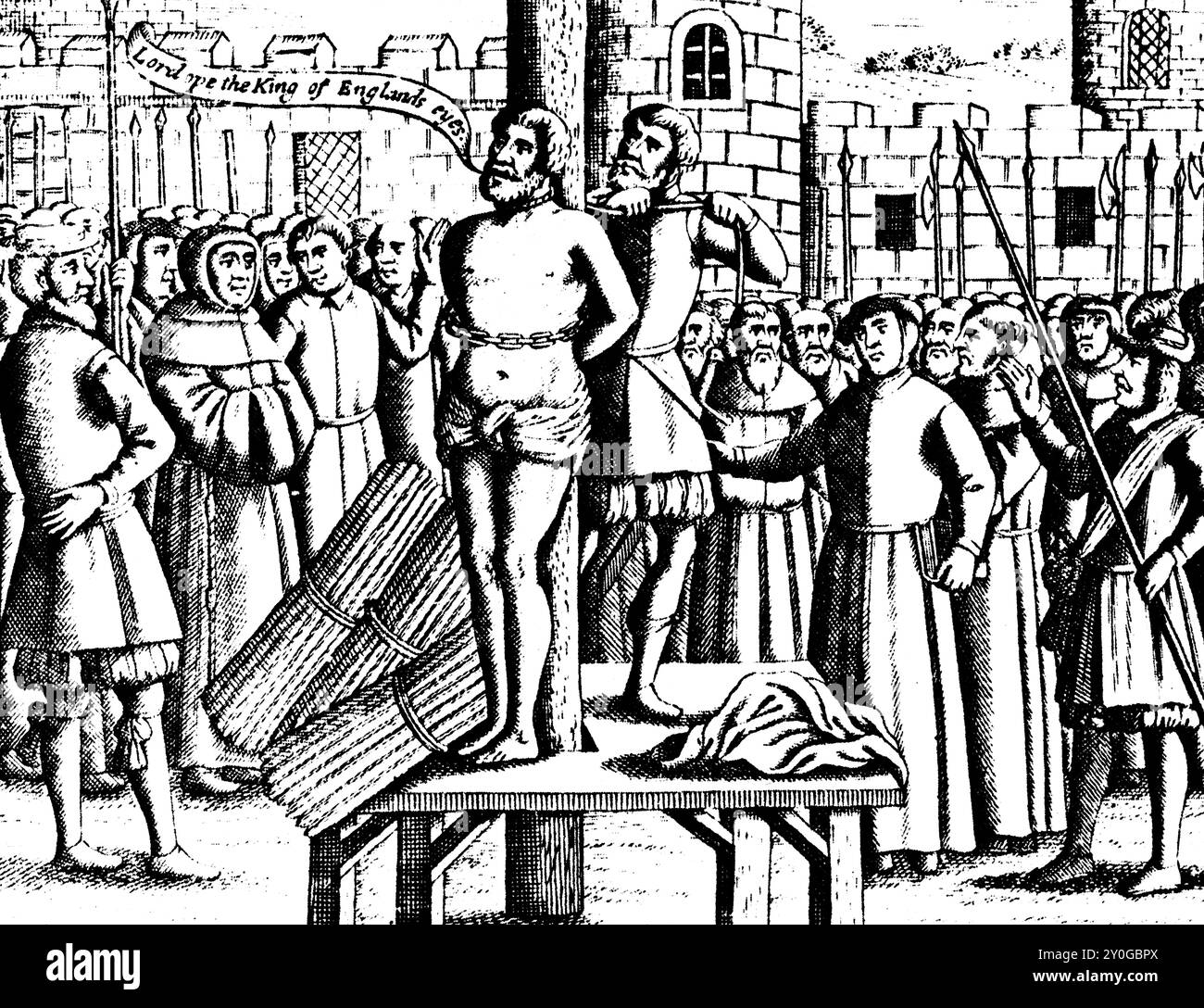 Die Verbrennung von William Tyndale, 1536. Aus John Foxes „Buch der Märtyrer“ oder „Actes and Monuments“, 1684. Der englische Gelehrte und führende Persönlichkeit in der protestantischen Reformation wurde hingerichtet und wurde zum religiösen Märtyrer. Stockfoto