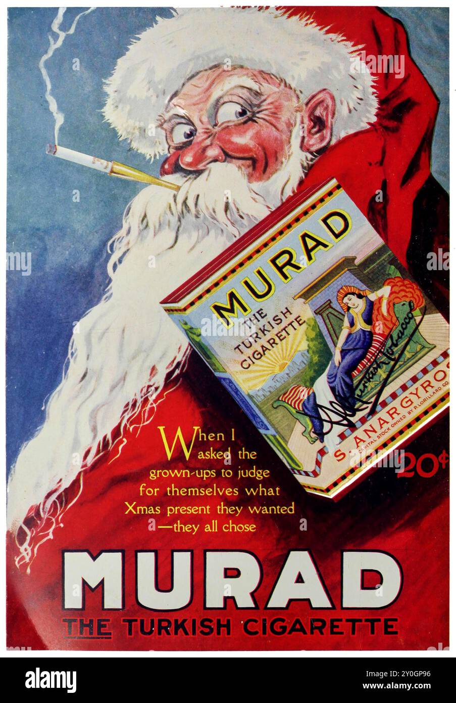 Murad, die türkische Zigarette, mit dem Weihnachtsmann Rauchen. 1920er Jahre Vintage-Zeitschriftenwerbung. Stockfoto