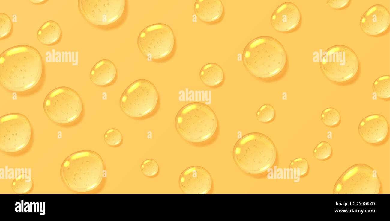 Hintergrund der Öltropfen, gelbes Serum mit Blasen, transparente Honigtropfen von oben Stock Vektor