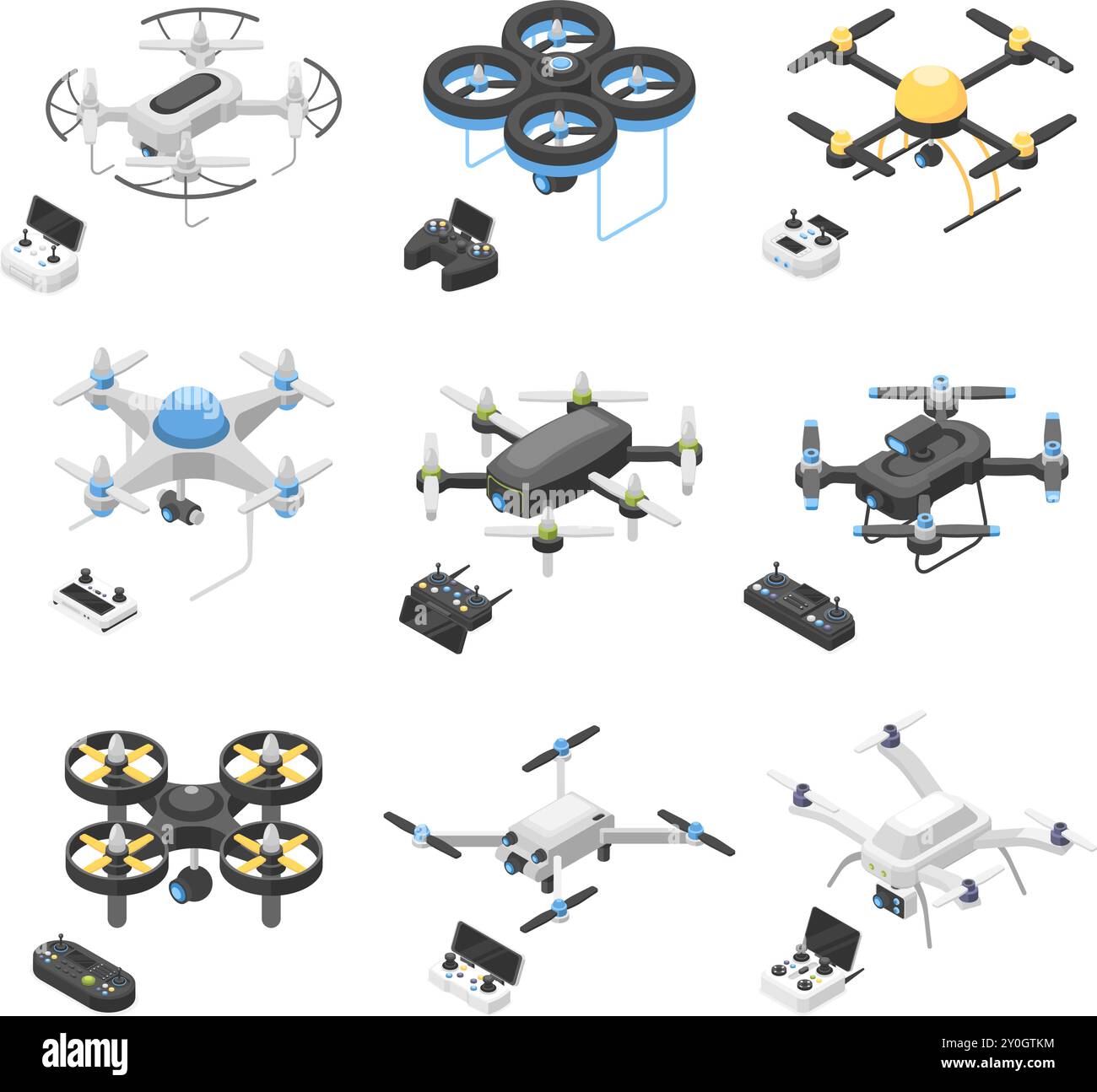Isometrische Drohnen. Fernbedienung und Joysticks für Drohnen. Flugtechniken mit Kamera für Video- und Foto-Draufsicht, makellose digitale Vektorelemente Stock Vektor