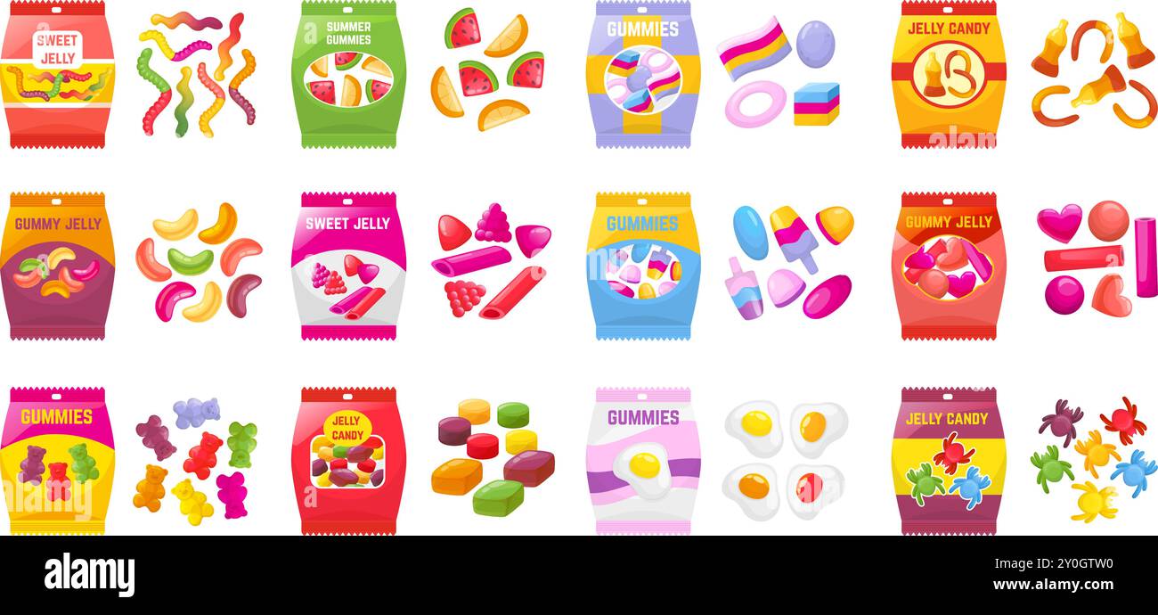 Gummigummis, Süßigkeiten. Cartoon-Gelees Bonbons, süße Marmelade-Süßigkeiten. Saftige Desserts, Gelee Früchte Würmer Bären Beeren, neoterische Vektor-Set Stock Vektor
