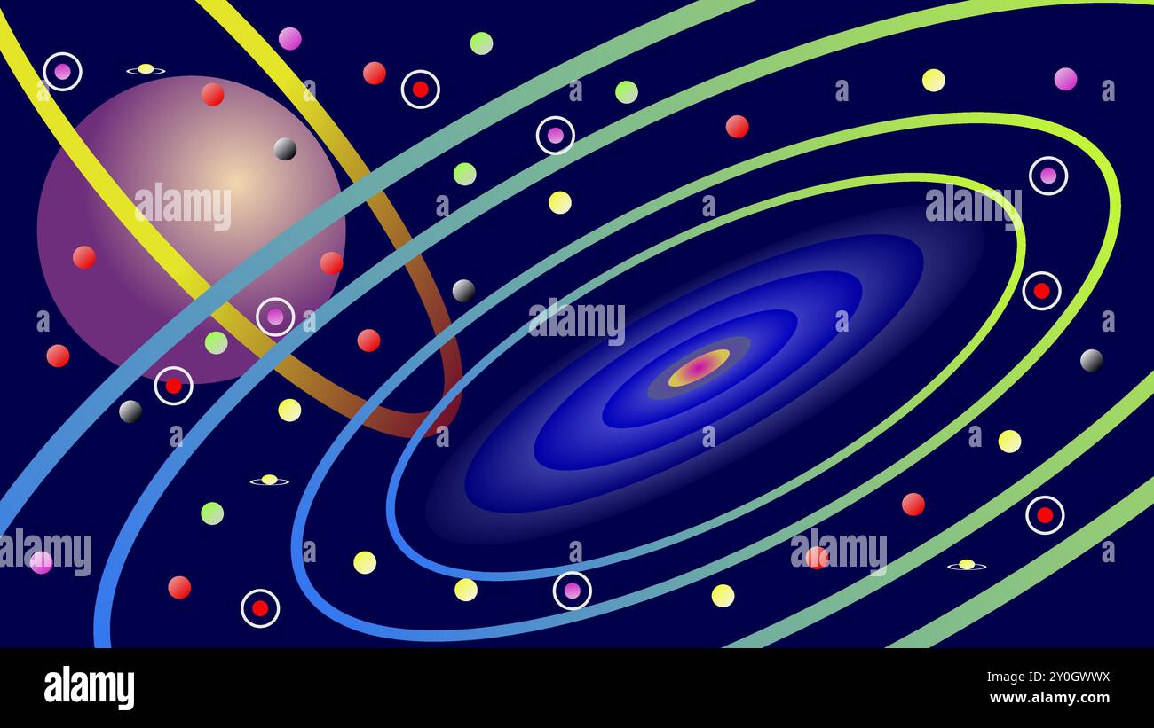 Dieses lebendige abstrakte Kunstwerk zeigt eine Himmelsszene, möglicherweise eine stilisierte Darstellung unseres Sonnensystems Stock Vektor