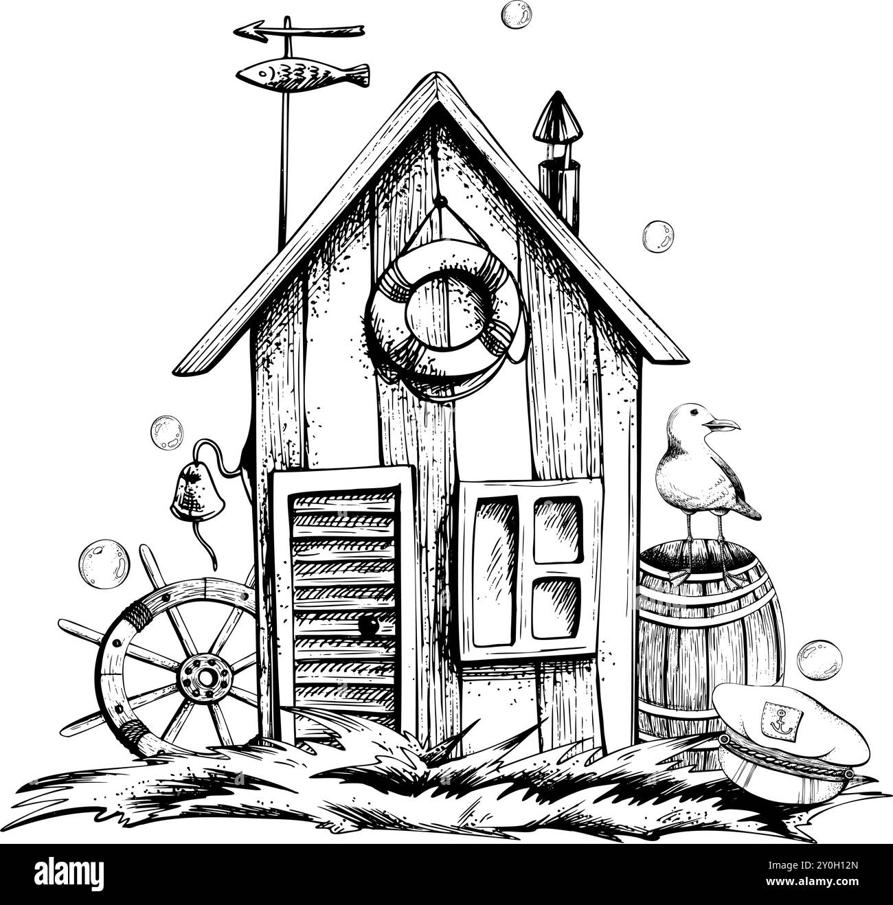 Angelhütte, Haus, Hütte mit Holzfass, Lenkrad, Möwe und Schiffskapitän auf Gras, am Ufer mit Blasen. Grafische Strichgrafik Stock Vektor
