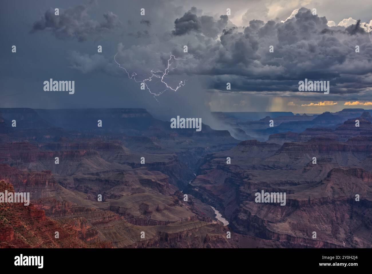 Der Blitz der Intracloud-Spinnen vom Lipan Point am Grand Canyon Arizona aus gesehen. Aufgrund des hohen F-Stopps, der benötigt wird, um den zu halten, ist eine gewisse Streuung des Objektivs vorhanden Stockfoto