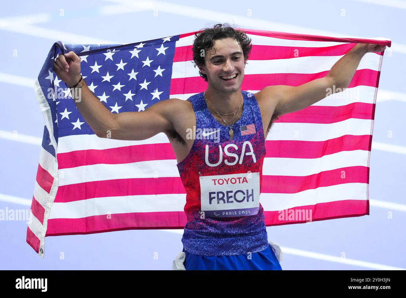Paris, Frankreich. September 2024. PARIS, FRANKREICH - 2. SEPTEMBER: Ezra Frfech aus den Vereinigten Staaten trat 100 am 4. Tag der Para Athletics - Paris 2024 Sommerspiele im Stade de France am 2. September 2024 in Paris an. (Foto von Patrick Goosen/BSR Agency) Credit: BSR Agency/Alamy Live News Stockfoto