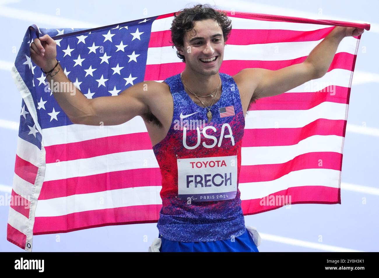 Paris, Frankreich. September 2024. PARIS, FRANKREICH - 2. SEPTEMBER: Ezra Frfech aus den Vereinigten Staaten trat 100 am 4. Tag der Para Athletics - Paris 2024 Sommerspiele im Stade de France am 2. September 2024 in Paris an. (Foto von Patrick Goosen/BSR Agency) Credit: BSR Agency/Alamy Live News Stockfoto