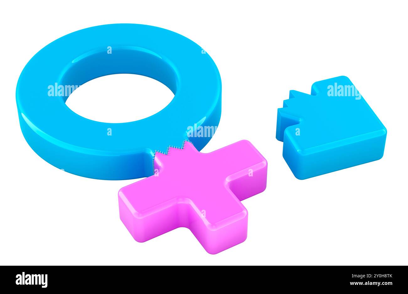 Übergangschirurgie von Mann zu Frau. Geschlechterübergang, Konzept. 3D-Rendering isoliert auf weißem Hintergrund Stockfoto