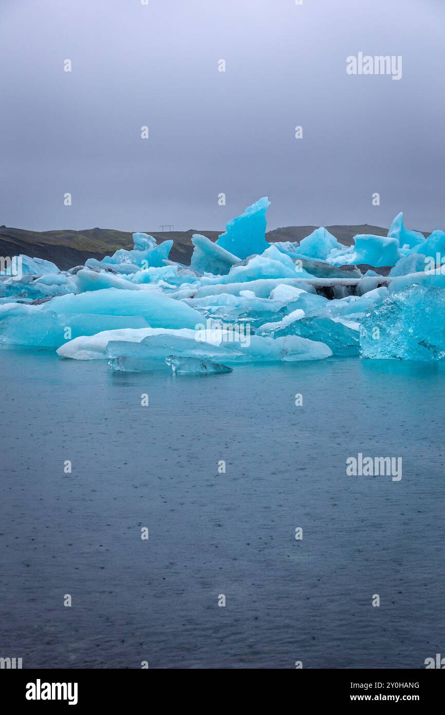 Die Gletscherlagune von Jokulsarlon in Island mit leuchtend blauen Eisbergen von sich zurückziehenden Gletschern, die in Richtung Atlantik driften, und Seehunden schwimmen. Stockfoto