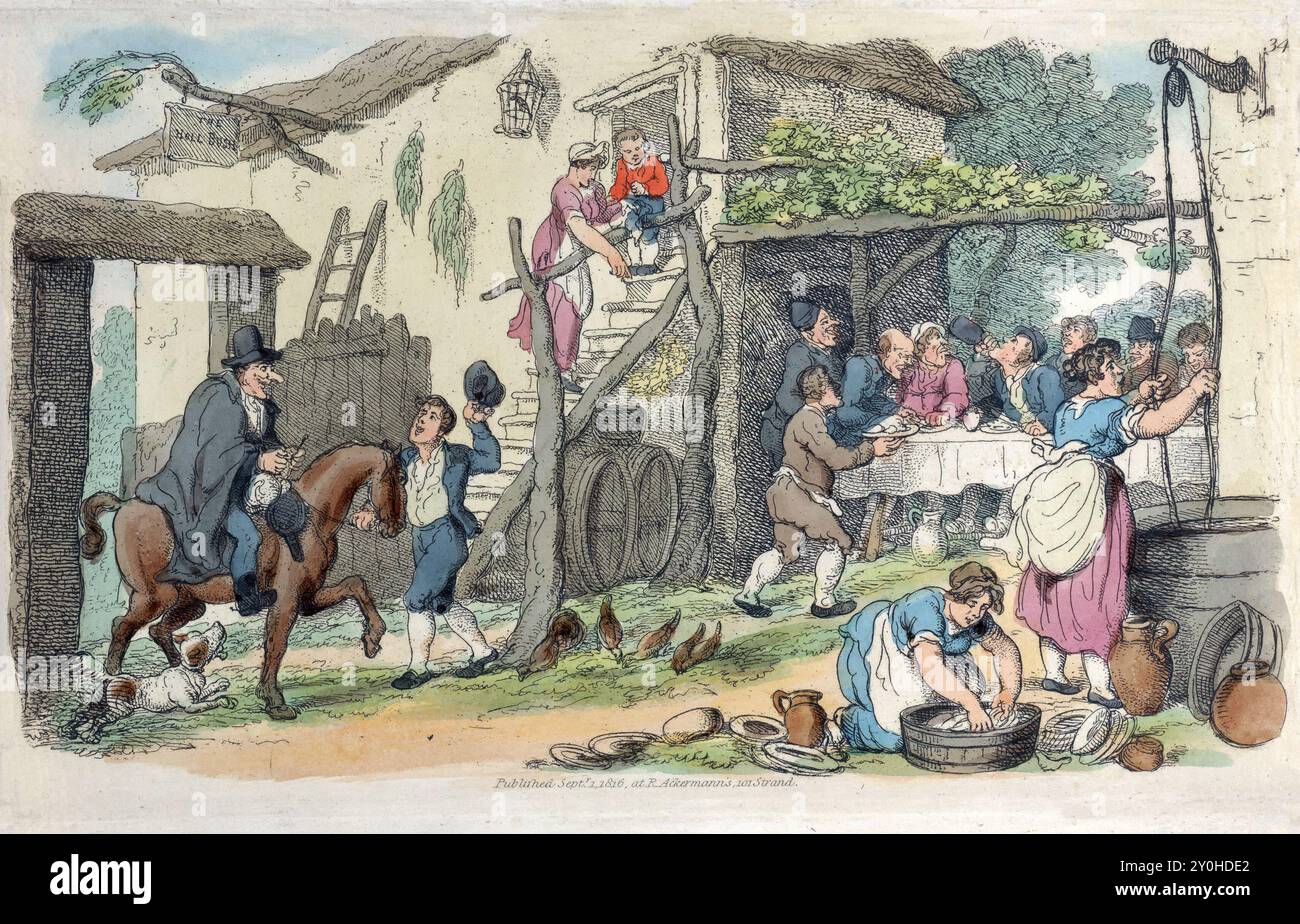 Eine gedruckte farbige Gravur der Welt in Miniatur-Aquarellätzung auf Papier Vintage 18. Jahrhundert von Thomas Rowlandson antikes Druckkunstwerk georgianische Ära England. Eine Gruppe von Männern isst und trinkt an einem Tisch im Innenhof eines landgasthauses. Auf der linken Seite kommt ein Mann zu Pferd durch das Tor des inn. Rechts, zwei Frauen waschen Geschirr. Stockfoto