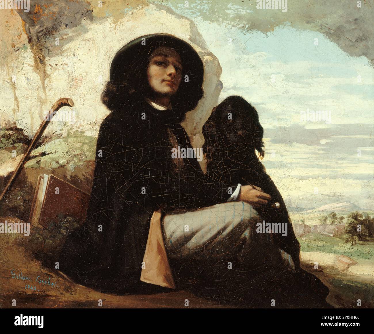 Selbstporträt mit schwarzem Hund, 1842, Gemälde von Gustave Courbet. Jean Désiré Gustave Courbet (1819–1877) französischer Maler Stockfoto