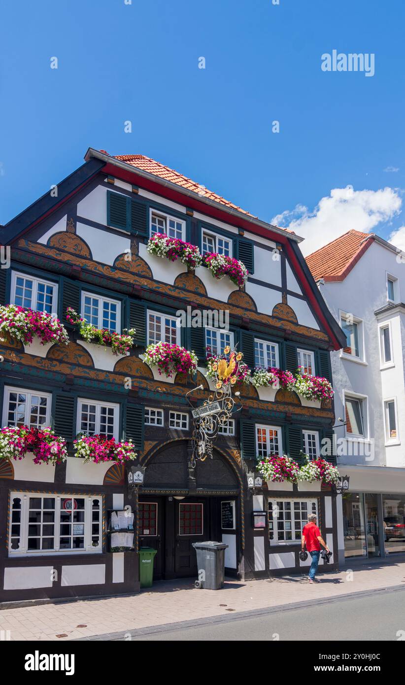Lippstadt: Fachwerkhaus Goldener Hahn in Nordrhein-Westfalen, Nordrhein-Westfalen, Deutschland Stockfoto