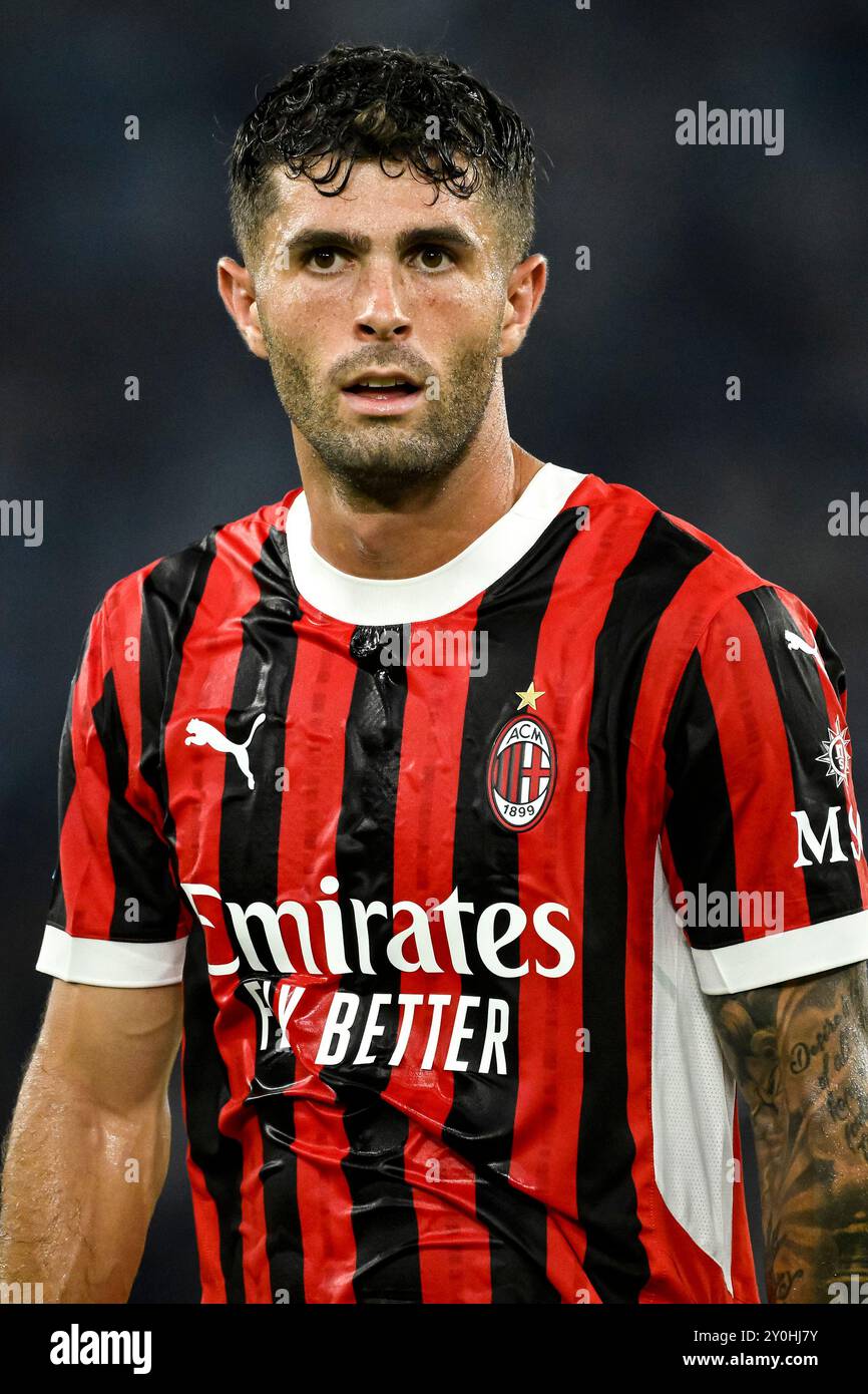 Christian Pulisic vom AC Milan während des Fußballspiels der Serie A zwischen SS Lazio und AC Milan im Olimpico-Stadion in Rom (Italien), 31. August 2024. Stockfoto