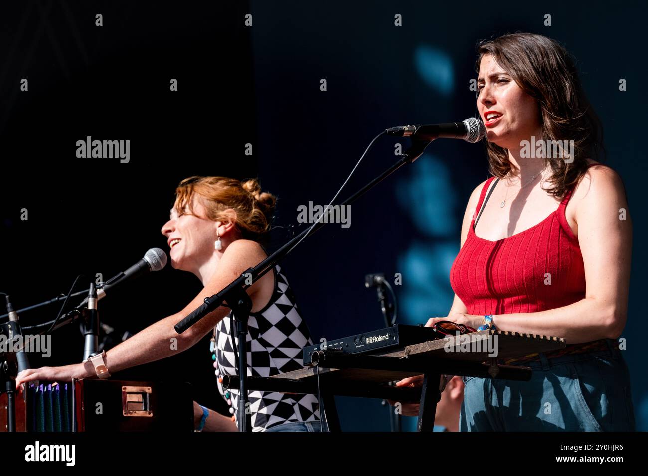 JOHNNY FLYNN, KONZERT, 2024: Lillie Flynn (links) Schwester des Schauspielers und Sängers Johnny Flynn spielt am Nachmittag bei Sommersonne auf der Mountain Stage. Tag 2 des Green man Festivals 2024 im Glanusk Park, Brecon, Wales am 16. August 2024. Foto: Rob Watkins. INFO: Johnny Flynn ist ein britischer Singer-Songwriter, Musiker und Schauspieler, der für seinen volkstümlichen Sound bekannt ist. Seine Musik verbindet traditionelles Folk mit Indie-Rock und bietet poetische Texte und akustische Melodien. Flynn ist ebenfalls ein erfolgreicher Schauspieler und verbindet seine Musikkarriere mit bemerkenswerten Rollen in Film und Theater. Stockfoto