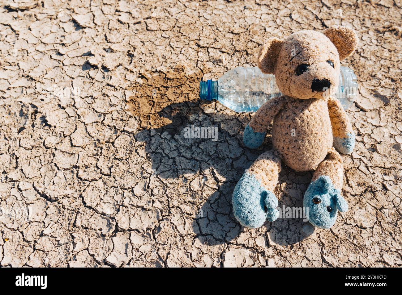 Ein Teddybär und eine leere Wasserflasche liegen am Boden eines ausgetrockneten Sees. Das Konzept der Ökologie, des Klimawandels, der Dürre Stockfoto