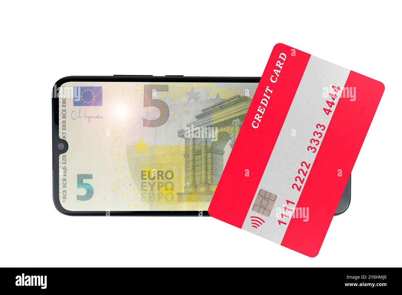 Kreditkarte in Form einer österreichischen Flagge auf dem Smartphone mit Bild von 5 Euro auf weißem Hintergrund (Nahaufnahme) Stockfoto