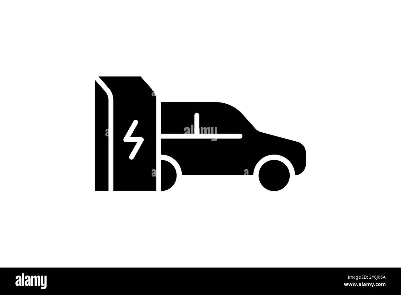 Schwarzes Symbol für das Aufladen des Elektrofahrzeugs im Anschluss der Ladestation. Grünes Symbol für das automatische Laden der elektrischen Stromversorgung. Umweltfreundliches Aufladeschild für Elektrofahrzeuge. Vektor-batteriebetriebenes EV Transport-EPS-Logo Stock Vektor