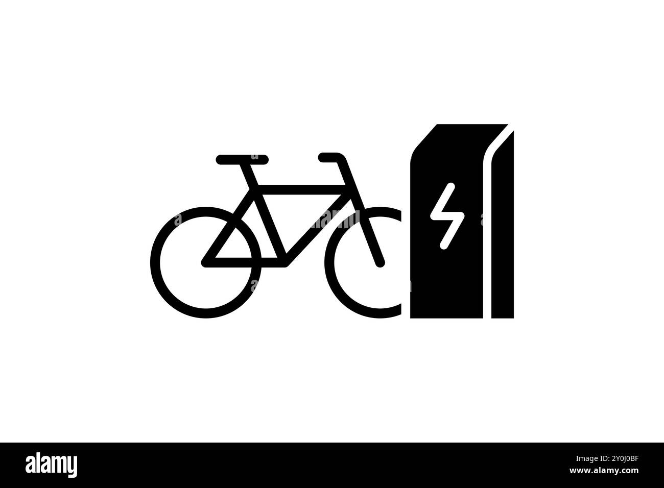 Symbol für das Aufladen des Elektrofahrrads in der Ladestation. Schwarzes Symbol für Energieladung des Elektrofahrrads. Umweltfreundliches Aufladezeichen für Elektrozyklen. Batteriebetriebenes E-Bike Transport EPS Logo Stock Vektor