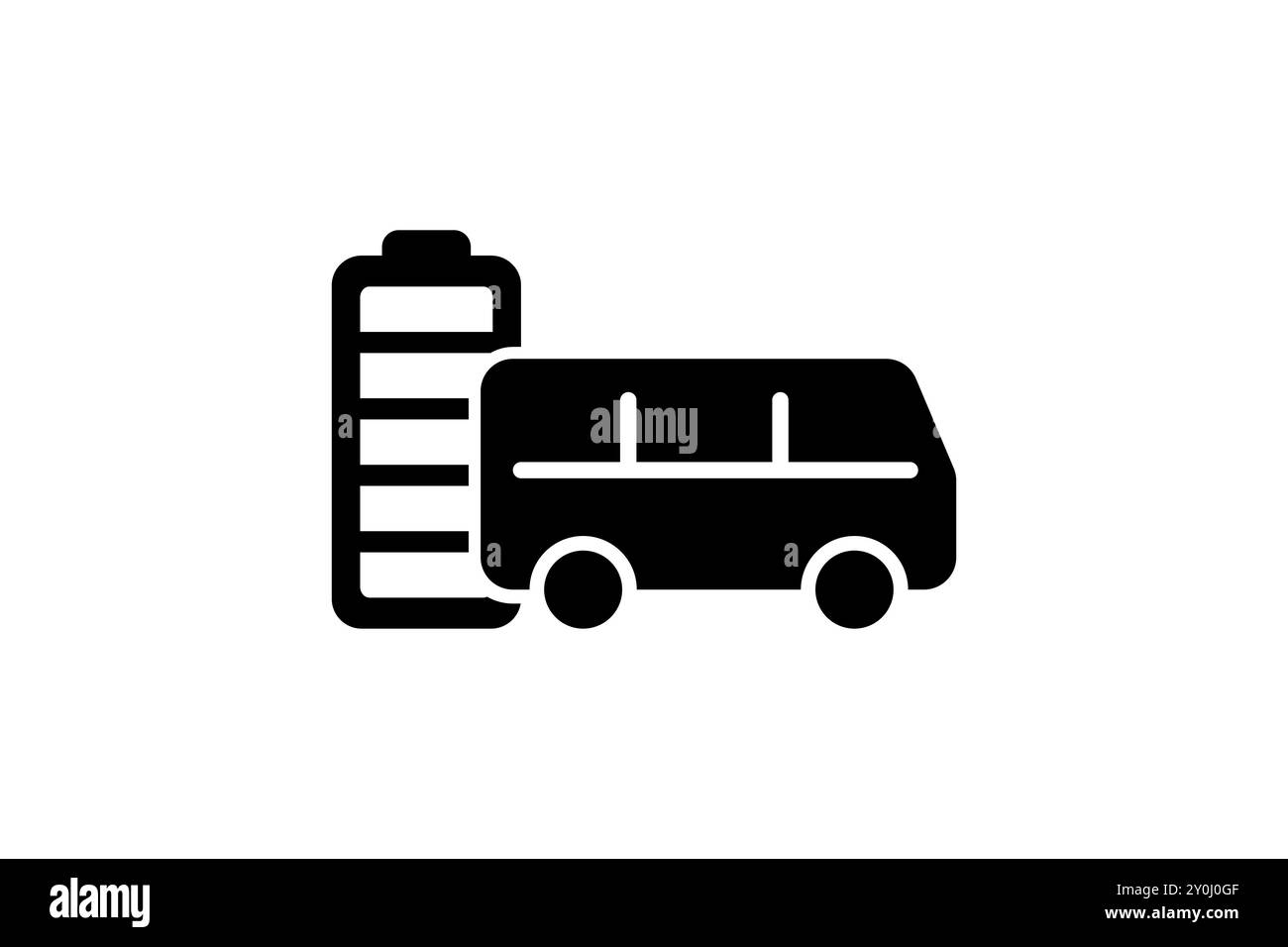Elektrischer Bus mit Anzeige für vollständig geladene Batterie, schwarzes Symbol. Symbol für Ladegerät des Akkumulators für elektrischen Personenverkehr im Stadtverkehr. Automatische Ladestation für Elektroaufladung. Umweltfreundliches Aufladeschild für Fahrzeuge Stock Vektor
