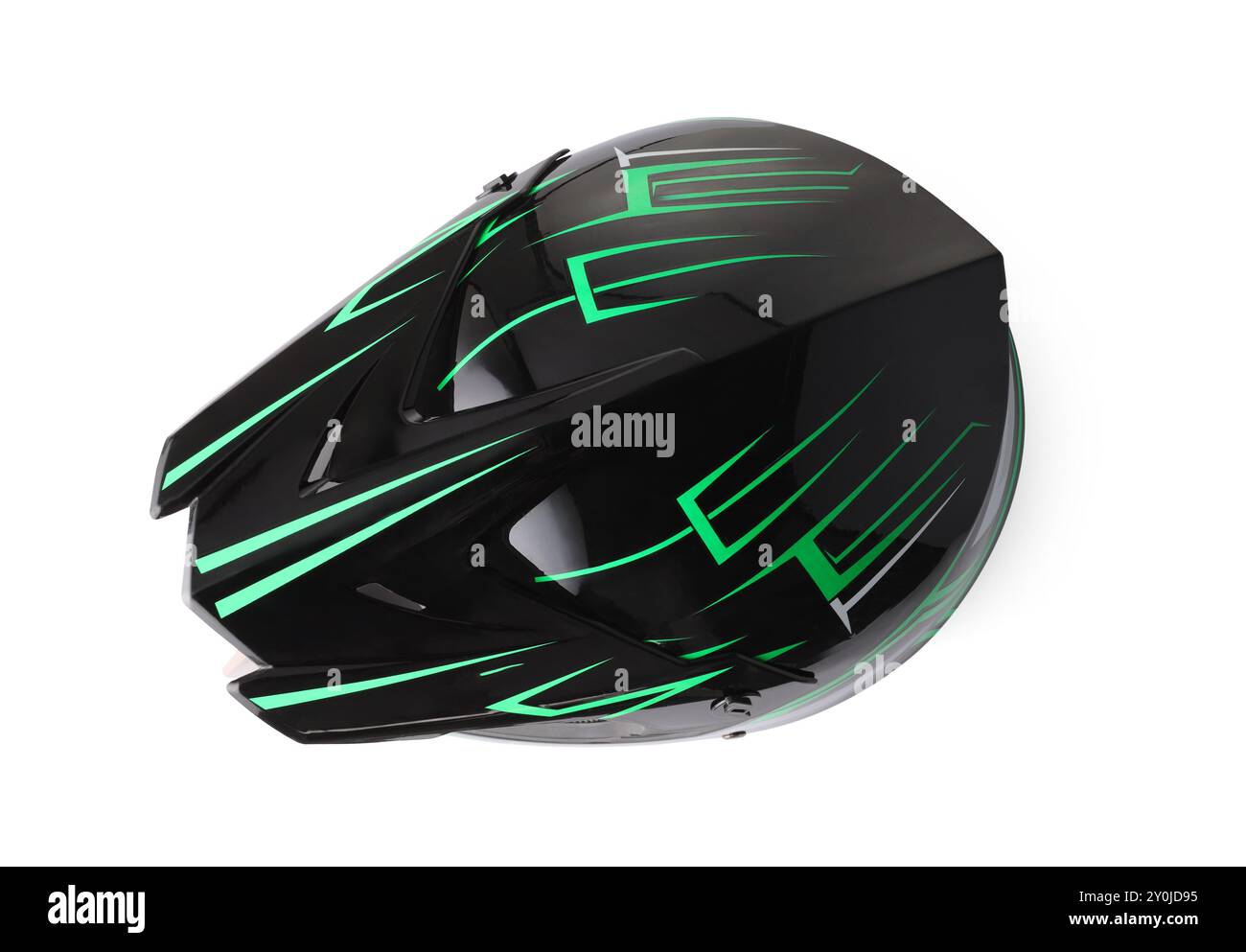 Neuer stylischer Motorradhelm isoliert auf weiß, Draufsicht Stockfoto