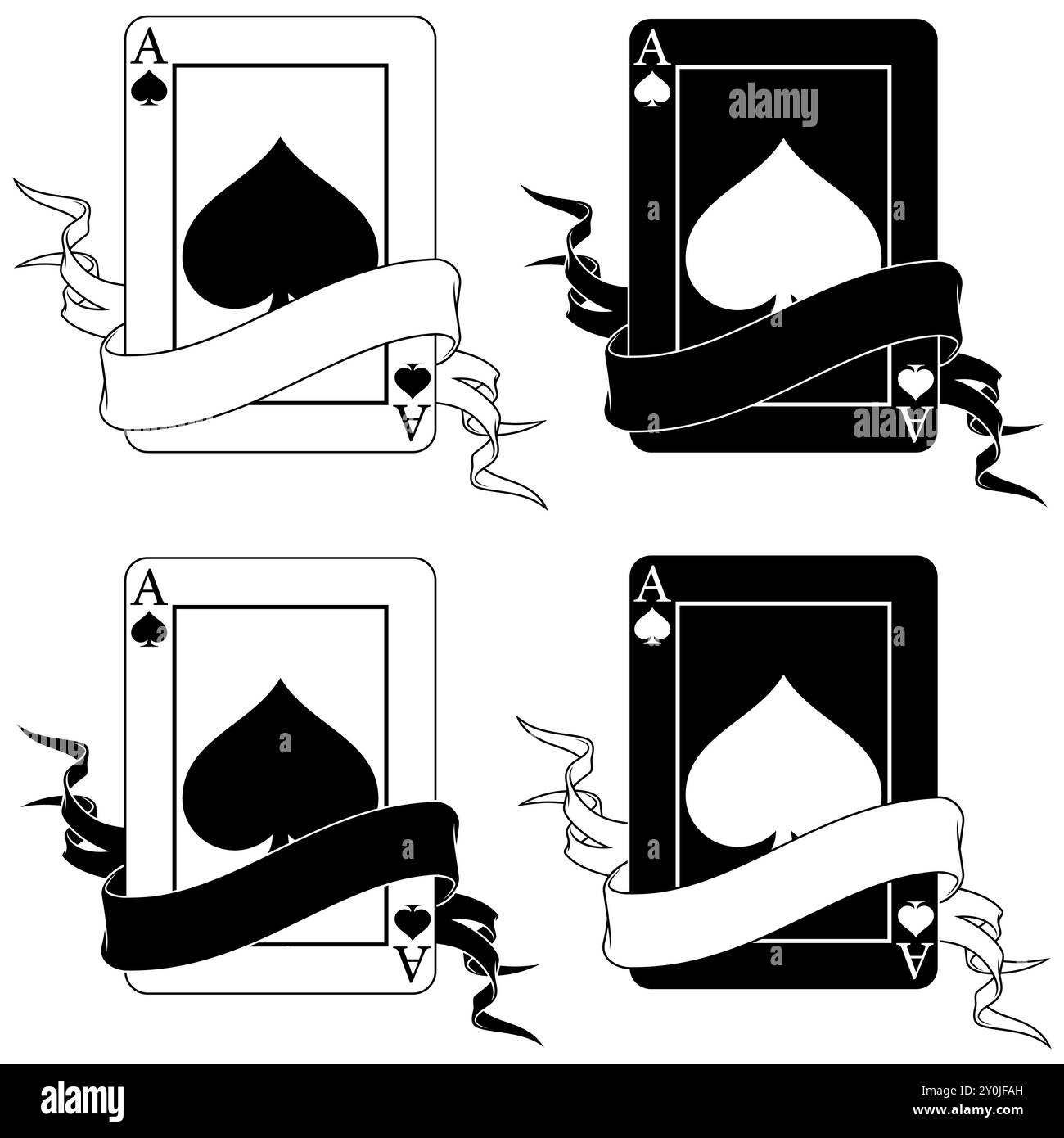Vektordesign von Pokerkarten mit Bändern, Poker-Symbolen von Herz, Diamant, Klee und Ass Stock Vektor