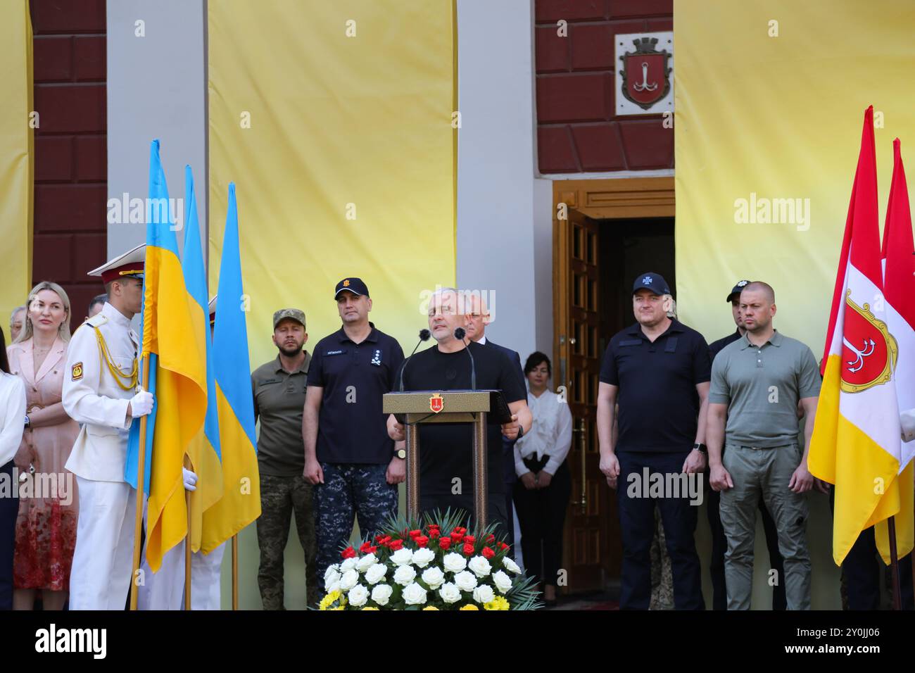 Odessa, Ukraine. September 2024. OLEH Kiper (Gouverneur der Oblast Odessa) spricht während der Veranstaltung mit der Öffentlichkeit. Eine feierliche Zeremonie zum Tag der Stadt Odessa fand in der Nähe des Stadtrates auf dem Birzhova-Platz statt. (Foto: Viacheslav Onyschtschenko/SOPA Images/SIPA USA) Credit: SIPA USA/Alamy Live News Stockfoto