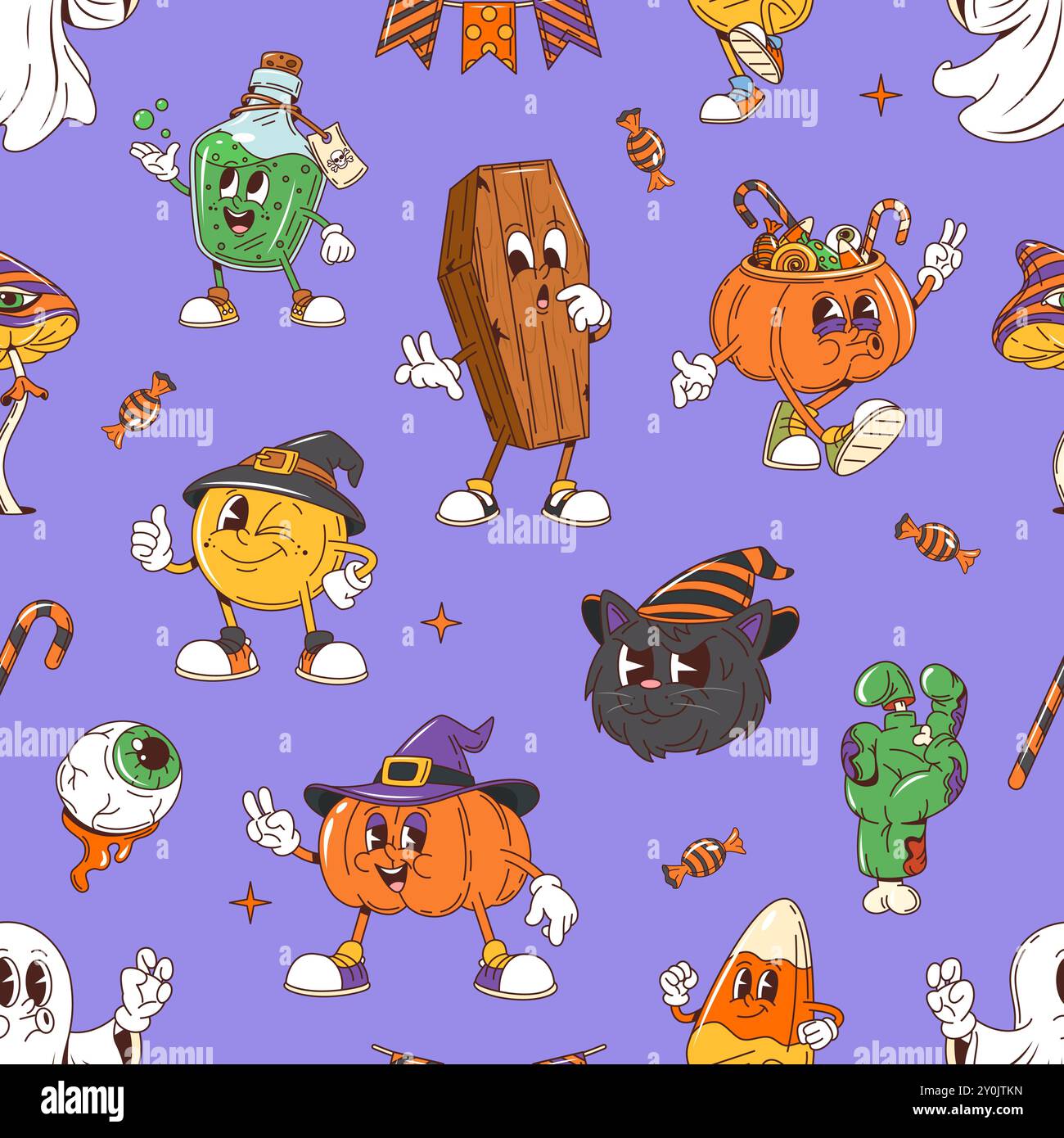 Cartoon Halloween-groovige Charaktere nahtloses Muster. Vektor-festliche Fliesenhintergrund mit verspieltem Kürbis, Geist, Zuckermais oder Sarg, schwarzer Katze, Augapfel, Tränkflasche, Zombie-Hand-Cartoon-Persönlichkeiten Stock Vektor