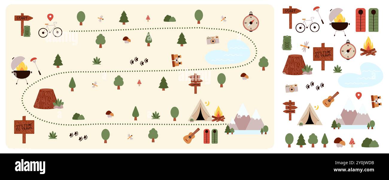Camping- und Wanderkarten erstellen und legen Sie flache Elemente für das Kindercamp. Naturplan mit Bergen, Fahrrad, Bäumen und anderen Aufklebern für den Sommerausflug. Vektorabbildung Stock Vektor