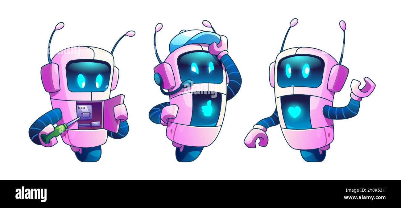 Niedlicher Ai-Roboter-Charakter. Chat-Bot-Maskottchen-Zeichentrickillustration. Futuristisches Chatbot-Set mit künstlicher Intelligenz. Lustiger virtueller Cyborg mit Liebesausdruck und Lächeln Emoticon. Glückliches Alien-Symbol Stock Vektor