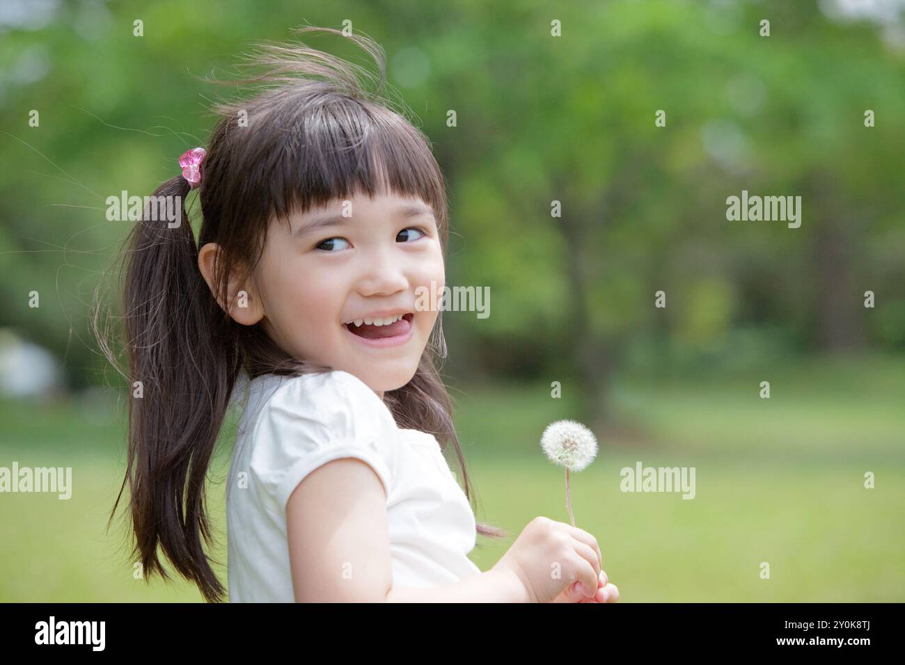 Lächelndes Mädchen, das Löwenzahnflaume hält Stockfoto