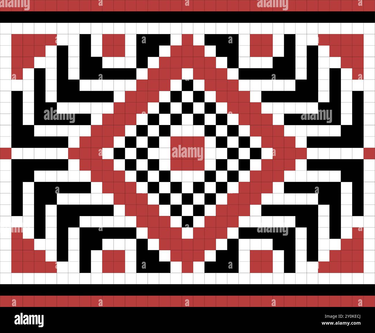 Traditionelles nahtloses Ornament-Muster, Kreuzstickerei im geometrischen Stil, dekorative ethnische Textur. Pixel Art Dekorationsmuster, schwarz, rot und Stock Vektor