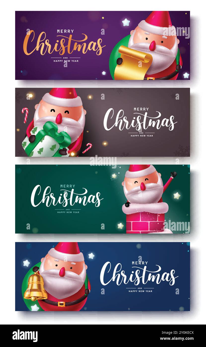 weihnachtsmann mit Poster-Set. Frohe weihnachtsgrußkarte mit lustigem, freundlichem und glücklichem weihnachtsmann im farbenfrohen Neujahrsanhänger Stock Vektor