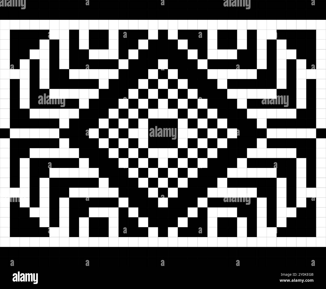 Traditionelle Kreuzstickerei, geometrisches Ornament, nahtloses Muster. Pixel Art dekorative ethnische Textur, Schwarz-weiß-Farben. Stock Vektor