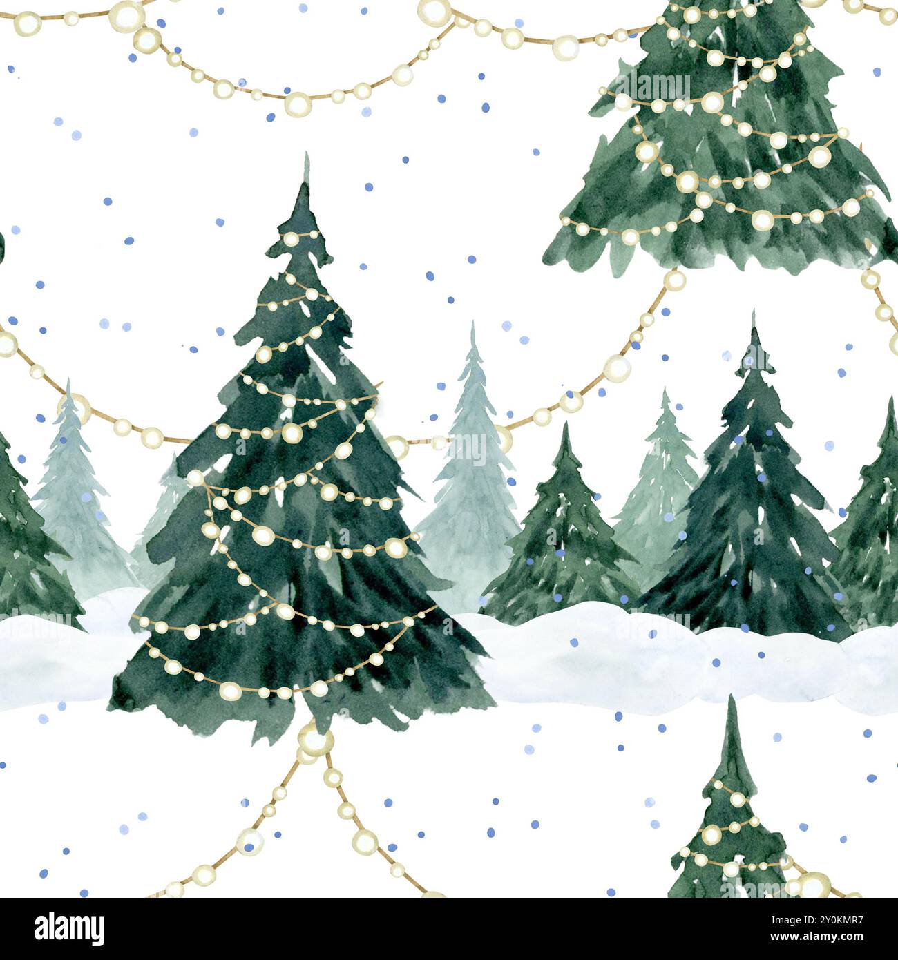 Aquarell-Weihnachtsbäume, dekoriert mit Lichtergirlanden mit fallendem Schnee-Aquarellmuster auf weiß Stockfoto