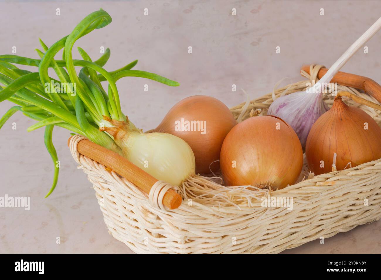 Gelbe Zwiebeln und grüne Zwiebeln mit aufgewachsenen Wurzeln, Knoblauch in einem Strohkorb. Im Hintergrund zwei Knoblauchköpfe und rote Zwiebeln Stockfoto