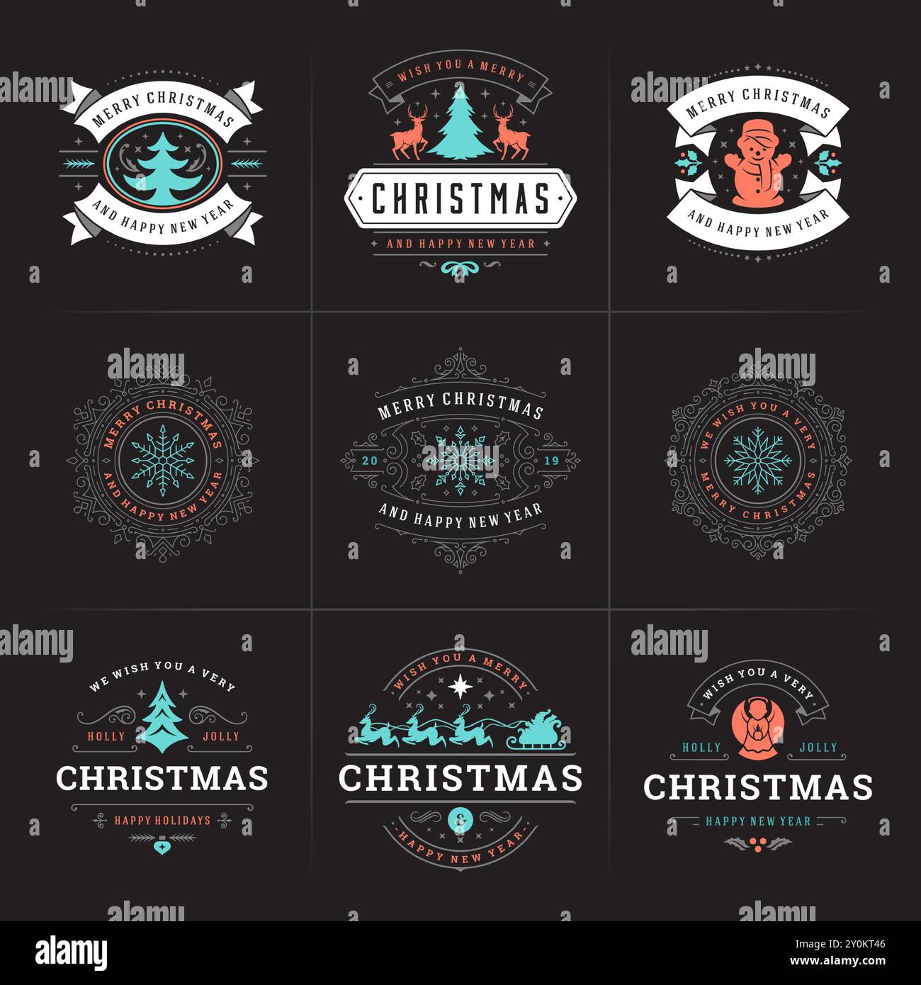 Weihnachtsvektor verzierte Etiketten und Abzeichen Set mit Happy New Year Feiertage Wünsche Typografie für Grußkarten, Geschenke und Banner, Ornament Dekoratio Stock Vektor