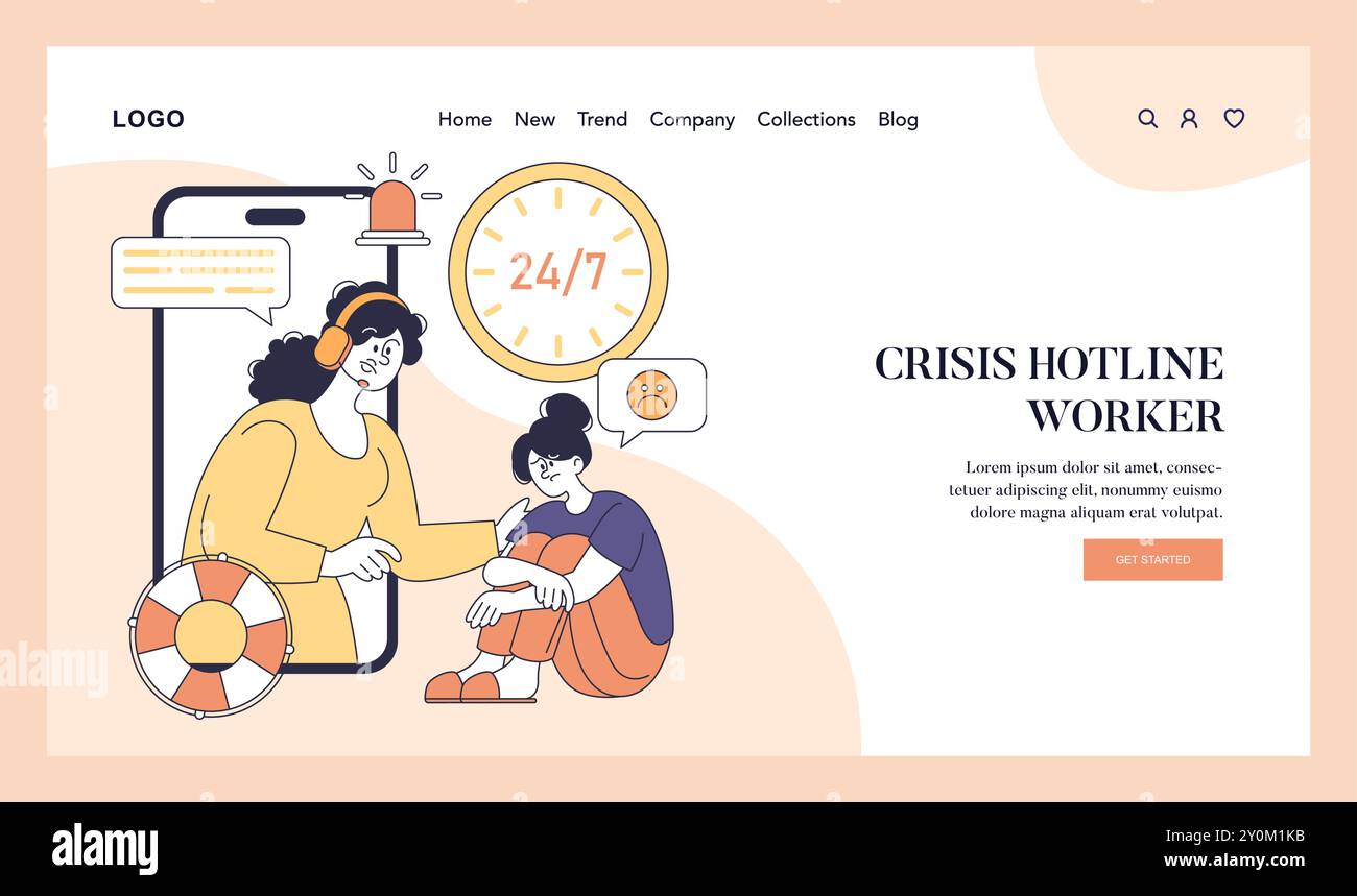 Suizidpräventionskonzept. Der mitfühlende Hotline-Assistent unterstützt eine bedürftige Person und vermittelt 24/7 Verfügbarkeit. Fokus auf emotionales Wohlbefinden. Vektorabbildung. Stock Vektor