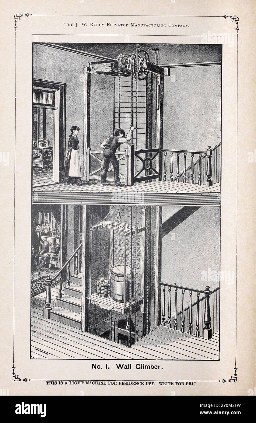 Wall Climber Lift aus den 1890er Jahren. Vintage-Illustration aus dem Katalog von Personen- und Frachtaufzügen, Dampf-, Hydraulik- und Handkraftaufzügen von J.W. Reedy Elevator Manufacturing Co. 1890 Stockfoto