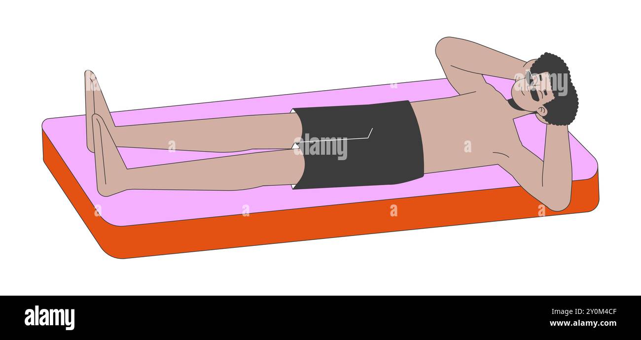Entspannter lateinamerikanischer Mann, der auf der Luftmatratze am Pool liegt, 2D-Zeichentrickfigur Stock Vektor