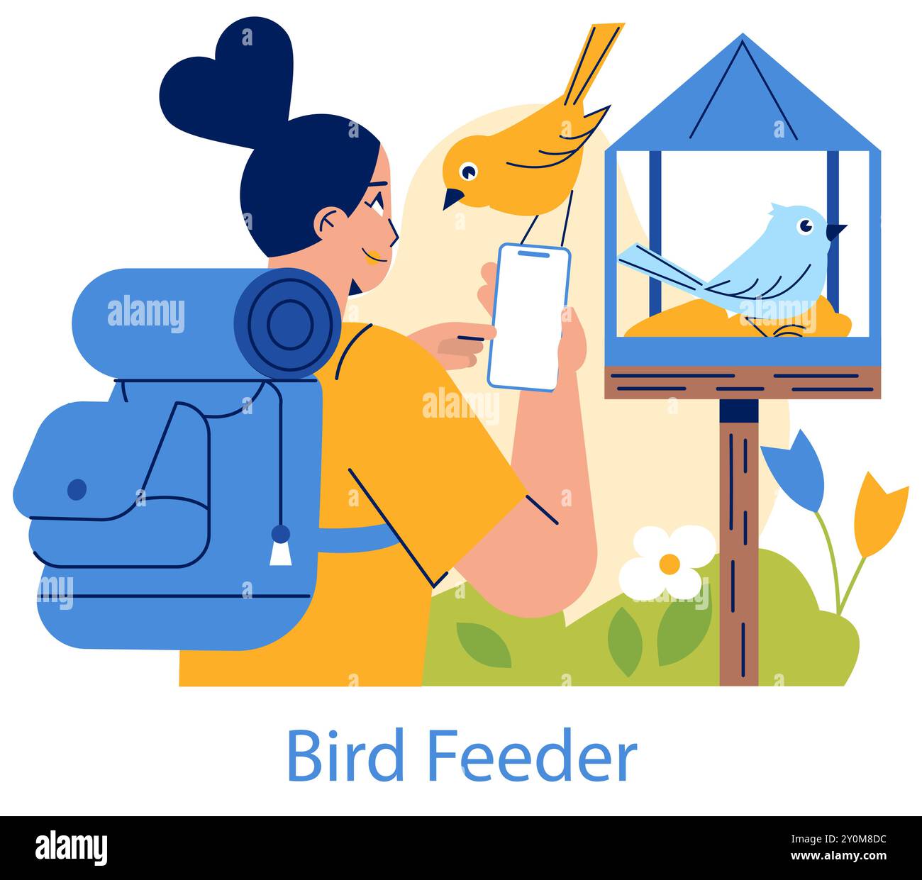 Vogelbeobachtungskonzept. Enthusiasten, die Erinnerungen an das lebendige Vogelleben in einem Vogelfutter festhalten. Freizeitaktivitäten im Freien, die mit der Natur verbunden sind. Vektorabbildung. Stock Vektor