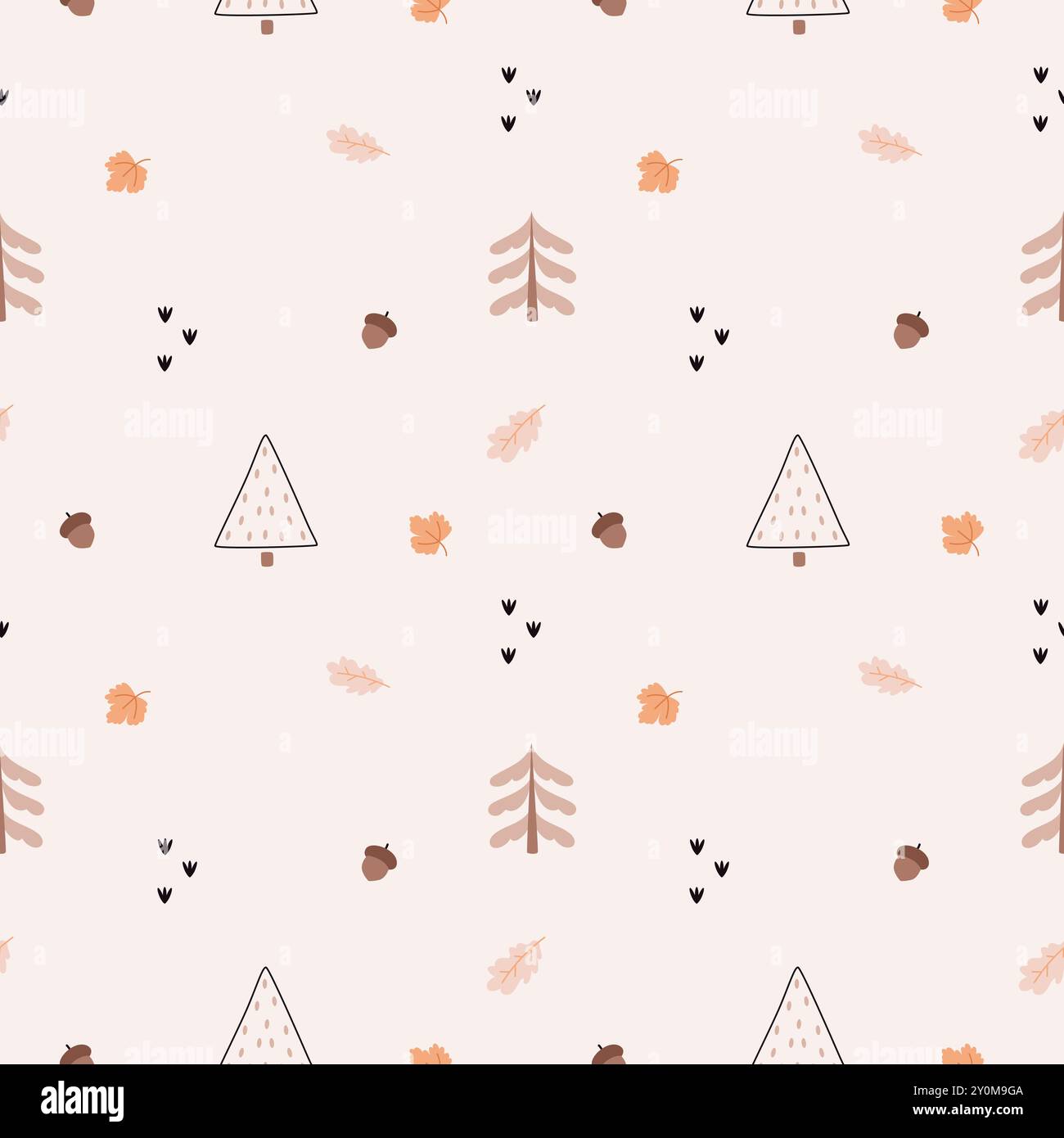 Ein einfaches, gemütliches Herbstmuster in einem minimalistischen Fischgrätmuster im Wald, Bäume, Eicheln, Blätter und grafischen Elementen im skandinavischen Stil. Stock Vektor