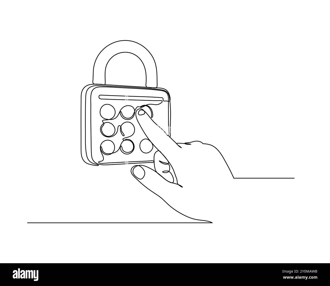 Durchgehende Linienzeichnung einer Hand, die mit einem Vorhängeschloss interagiert, mit einer kreisförmigen Schnittstelle und mehreren Tasten. Der Daumen drückt eine der Tasten o Stock Vektor