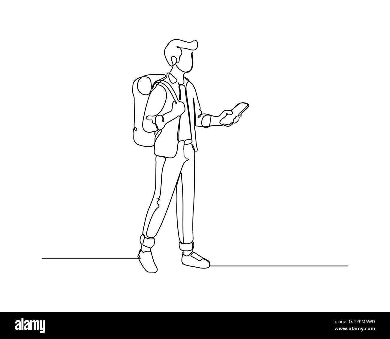Eine durchgehende Linienzeichnung einer Person, die auf ein Smartphone blickt, legere Kleidung trägt und einen Rucksack über einer Schulter trägt. Einfach Stock Vektor
