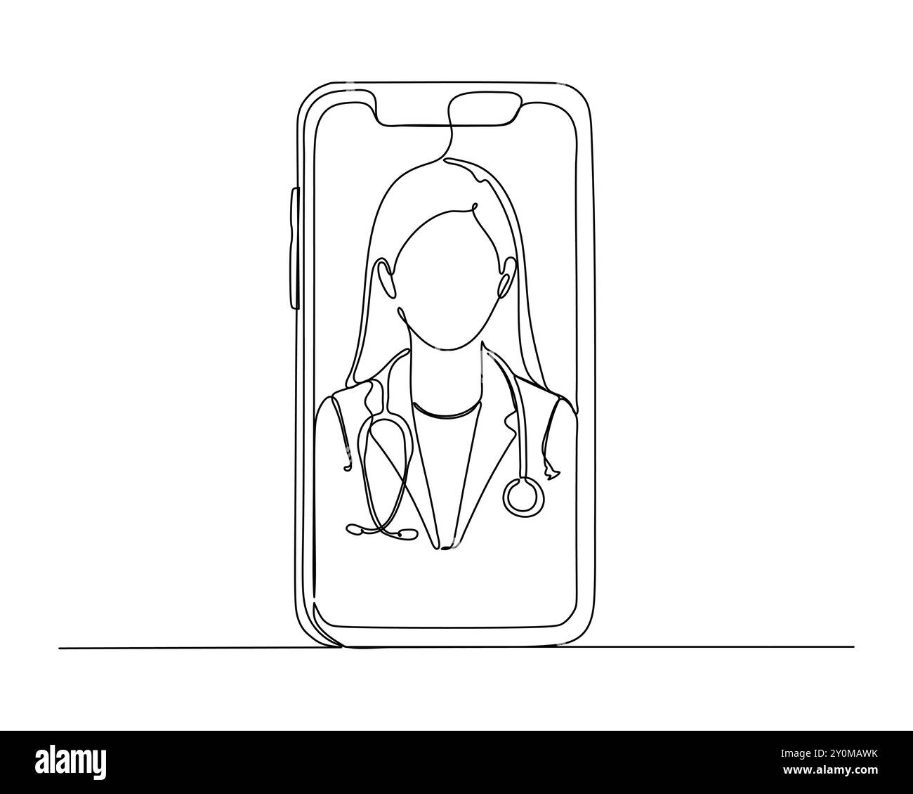 Durchgehende Linienzeichnung eines Smartphones, das eine Illustration eines medizinischen Arztes zeigt, mit einem Stethoskop um den Hals Stock Vektor