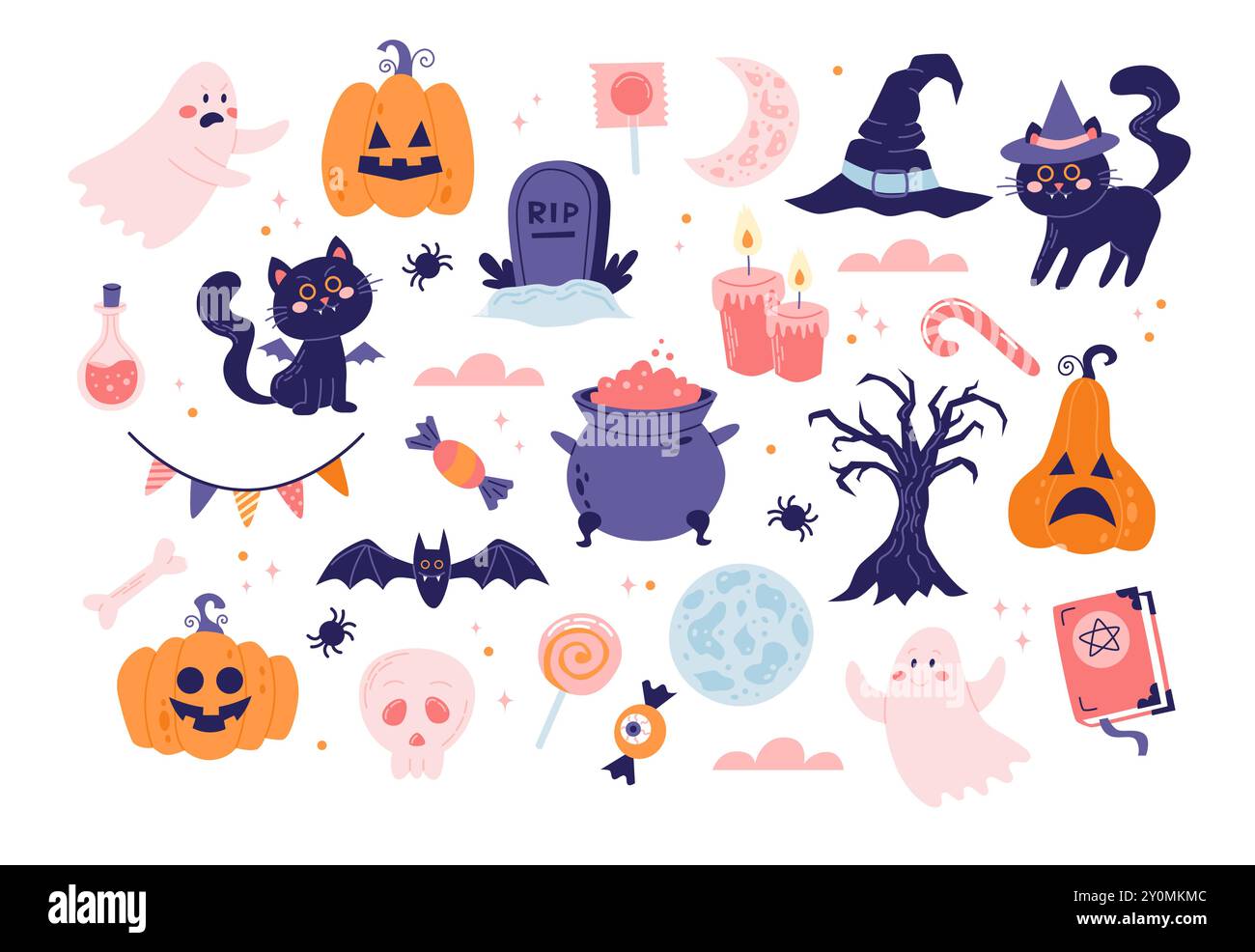 Set mit niedlichen Halloween-Elementen. Kürbisse, gruselige schwarze Katzen, Geister. Vektorabbildung in abgewickelter Form Stock Vektor