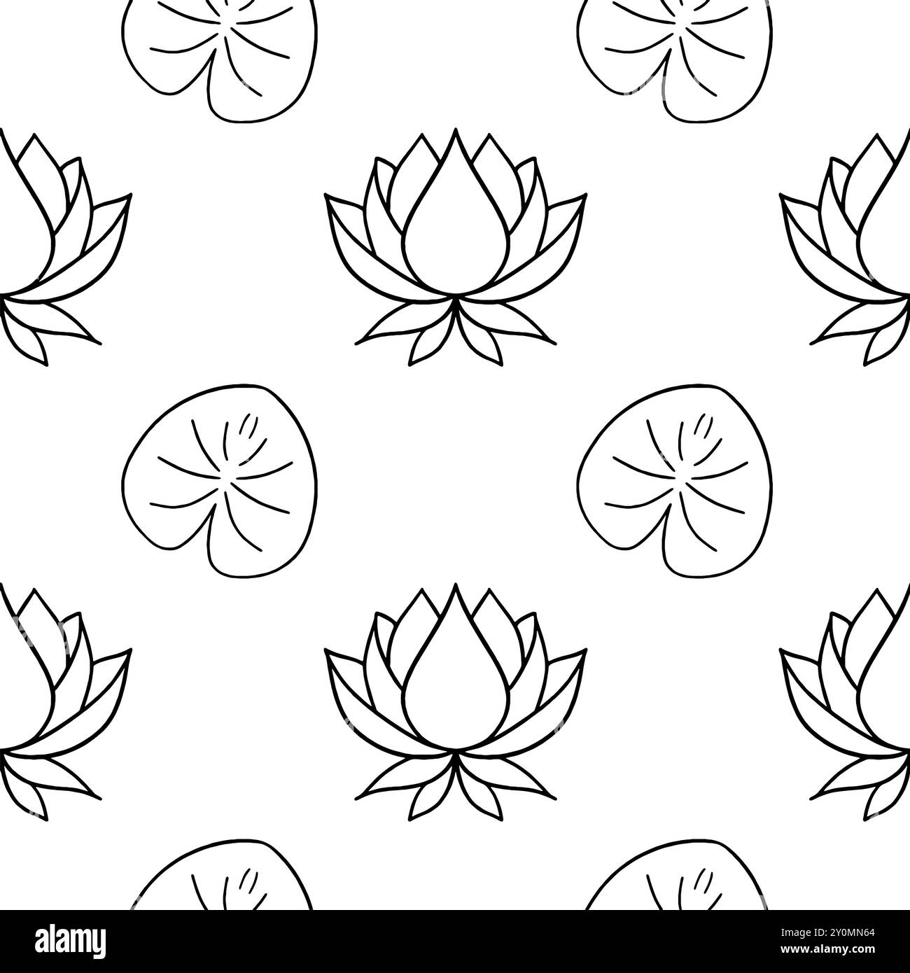 Nahtloses Muster mit Lotusblüten, Blättern und Knospen schwarz. Abbildung der Vektorlinie. Umrisszeichnung mit Blumenmuster für Logo, Tattoo, Verpackungsdesign, c Stock Vektor