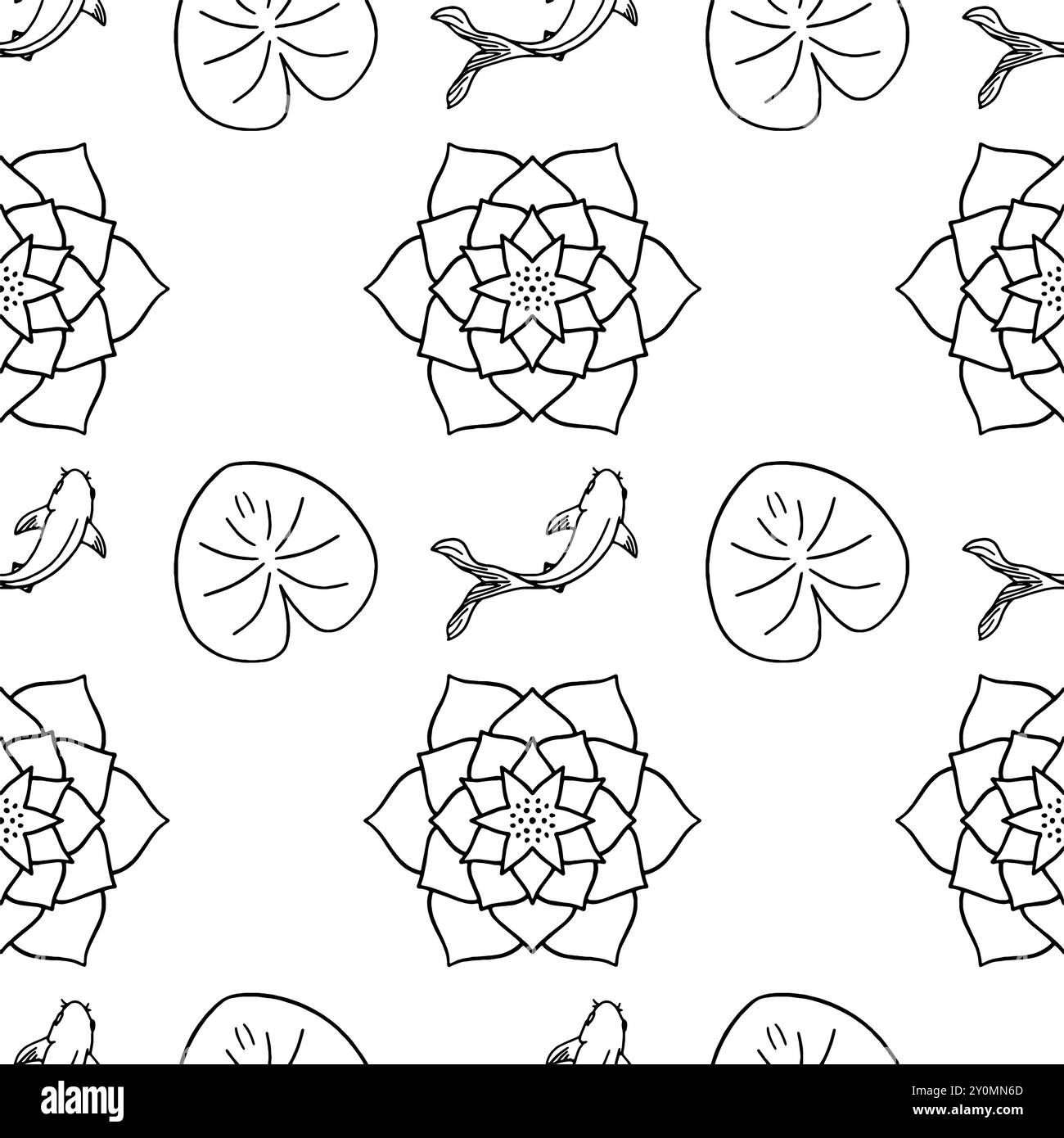 Lotus Koi Vektor Muster Weißer Hintergrund Linie Kunst nahtloses Muster Stock Vektor